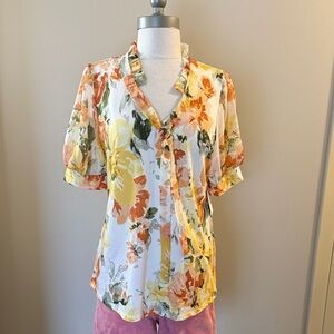PerSeption Concept Cream Floral V-Neck Blouse with Yellow & Orange Blooms